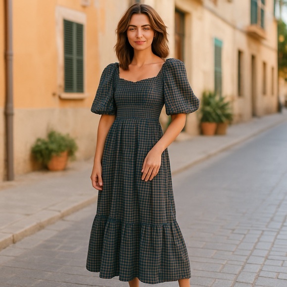 Wayf Dresses & Skirts - WAYF Plaid Puff Sleeve Smocked Maxi Dress XS